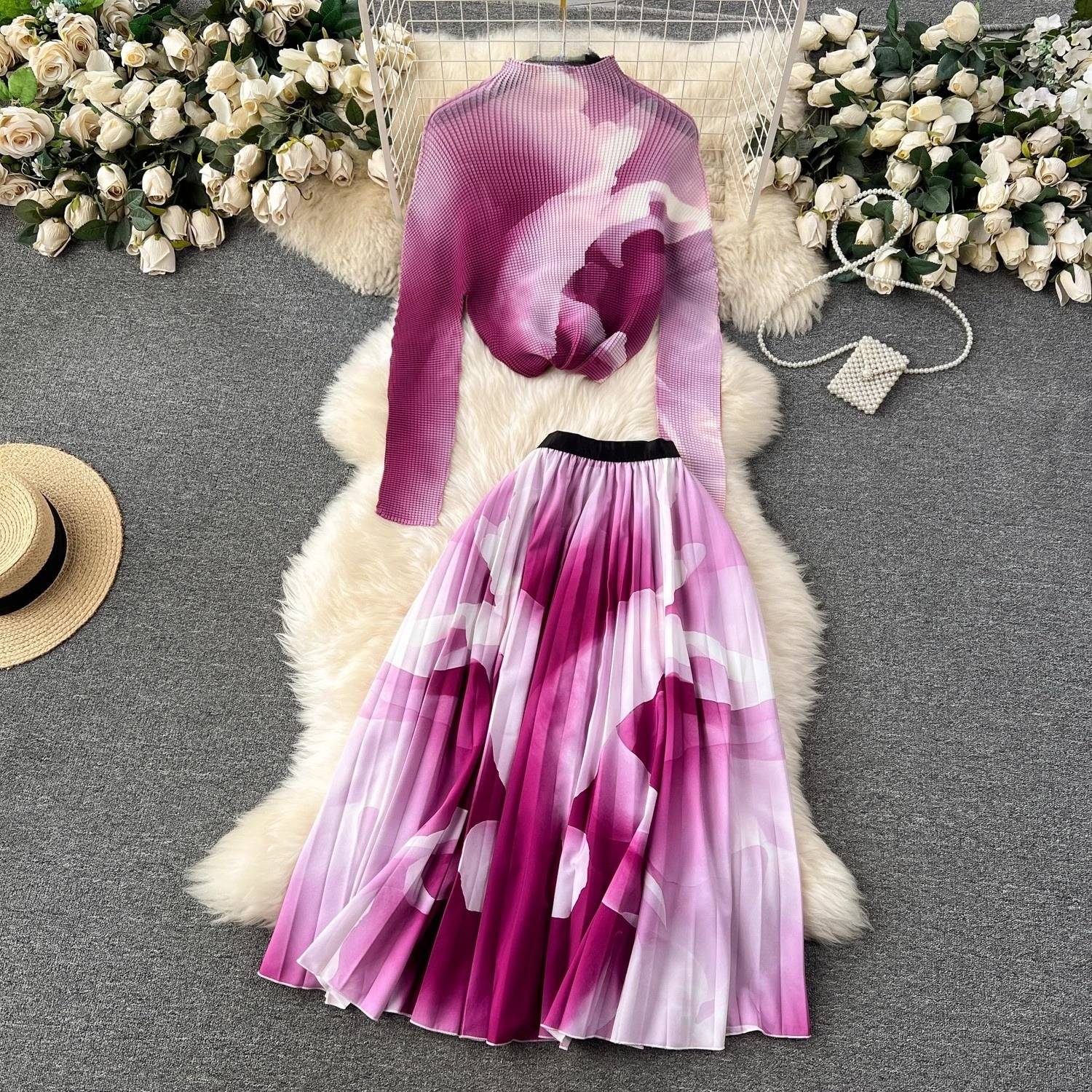 Women’s Clothing Temperament two piece suit for women new style mature style high end long sleeved pleated top + high waist pleated skirt