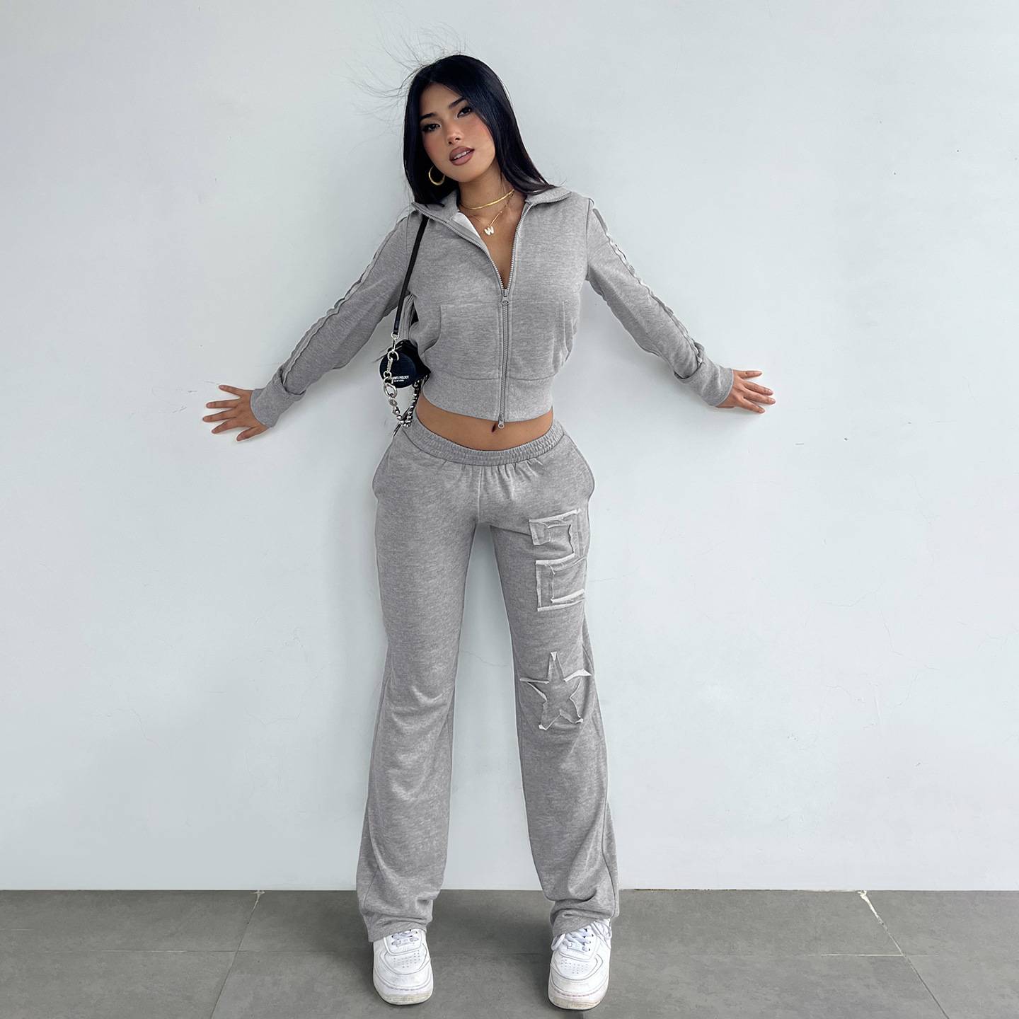 Distressed Patchwork Jogger Set - High-Waisted Loose-Fit Pants + Zip-Up Hoodie (S-L)