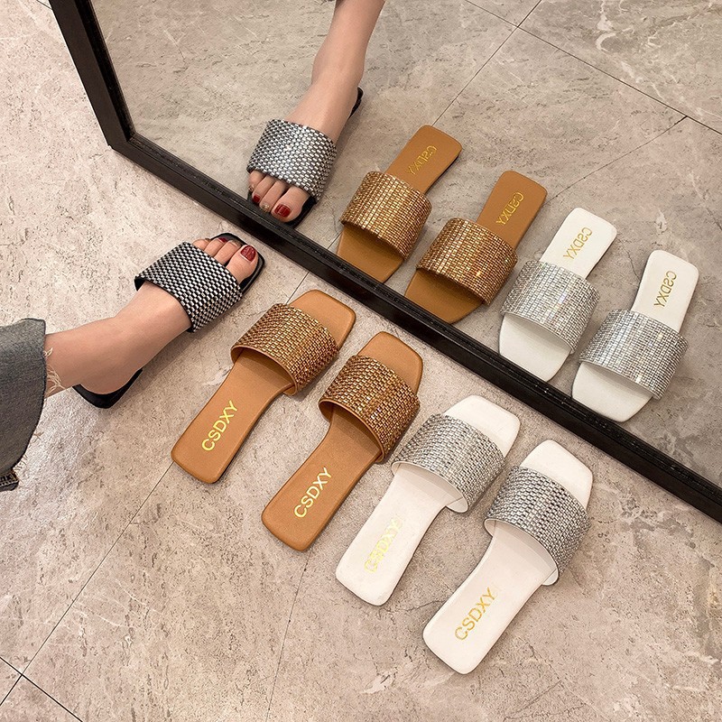 Water Diamond Square Head Women's Outwear 2023 Spring/Summer New Large Flat Bottom 35-42 Beach Slippers for Women_voghion.com