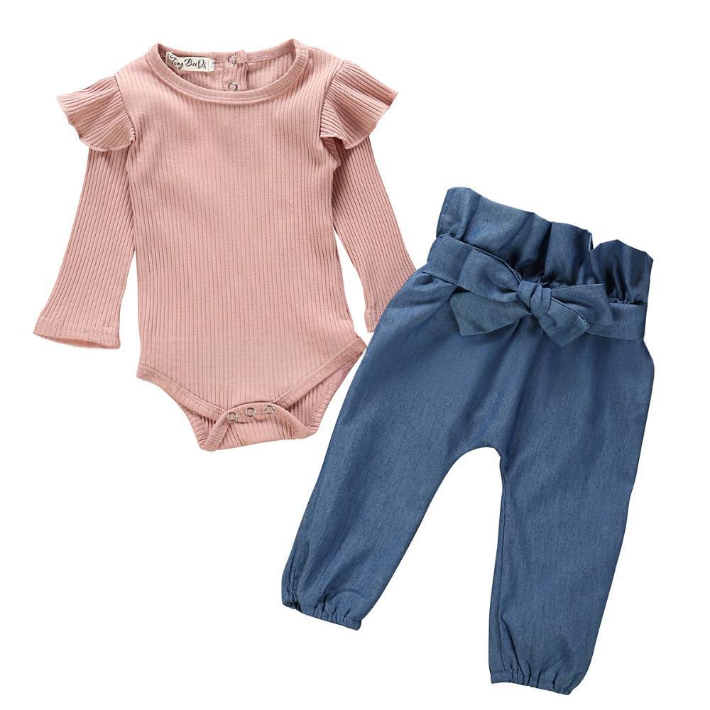 ​​Girls' Ribbed Long-Sleeve Top & Denim Pants Set – Soft Pink & Classic Blue (80-100cm, 1-3 Years)​​_voghion.com