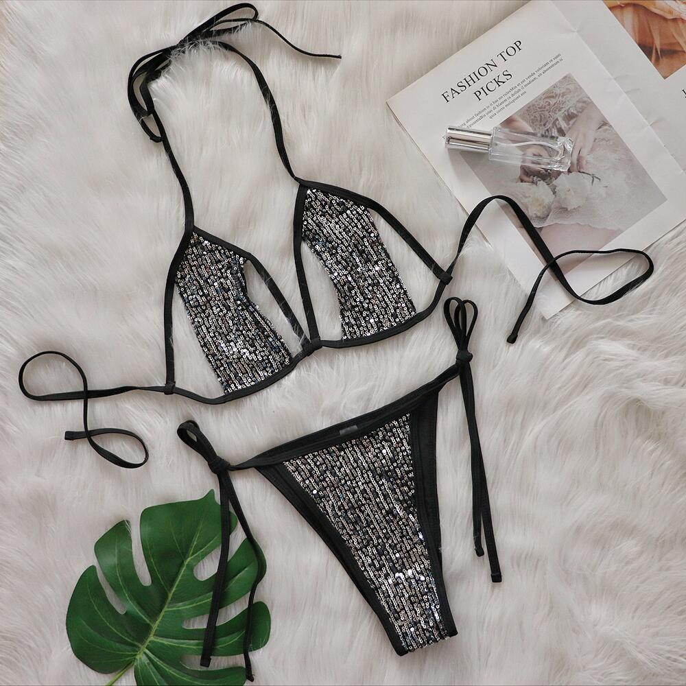 Maillot de bain sexy à paillettes pour femme, nouveau modèle, à bretelles, ajouré, en stock_voghion.com