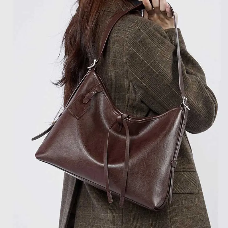 Toptrends Vintage Echtes Leder Große Unterarm Schulter Taschen Für Frauen 2024 Designer Einfache Weibliche Tote Hobo Damen_voghion.com