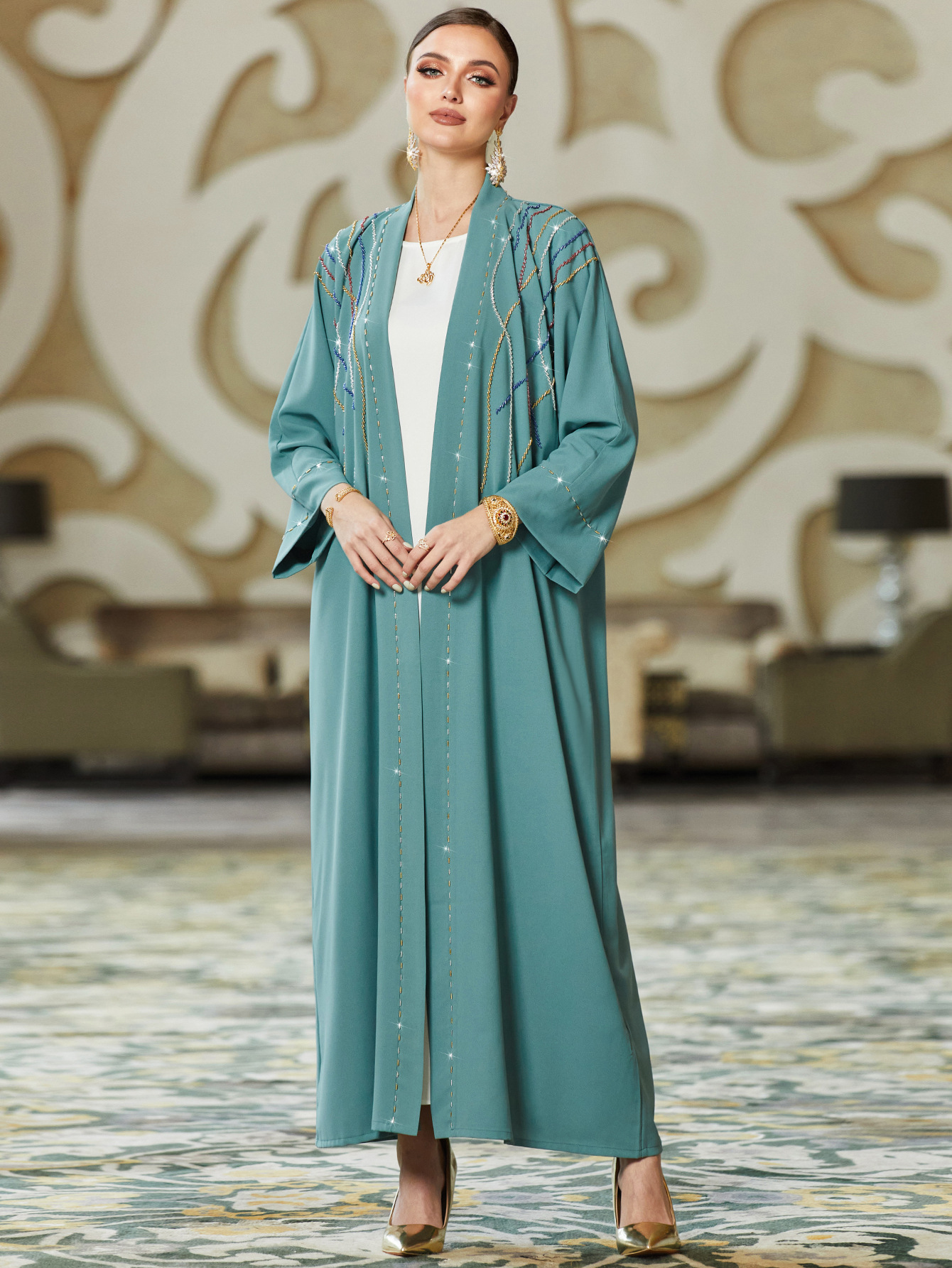 Vêtements pour femmes, robe en diamant cousue à la main avec cardigan, vêtements pour femmes arabes_voghion.com