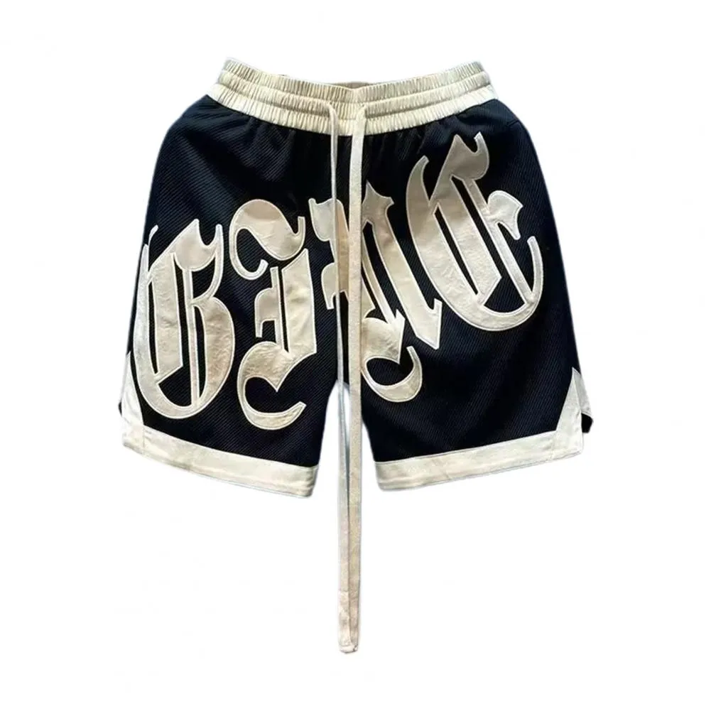 Men's Shorts Men Summer Pants Letter Print Drawstring With Elastic Waist Pockets Knee Length Vacation Beach Sport Casual_voghion.com