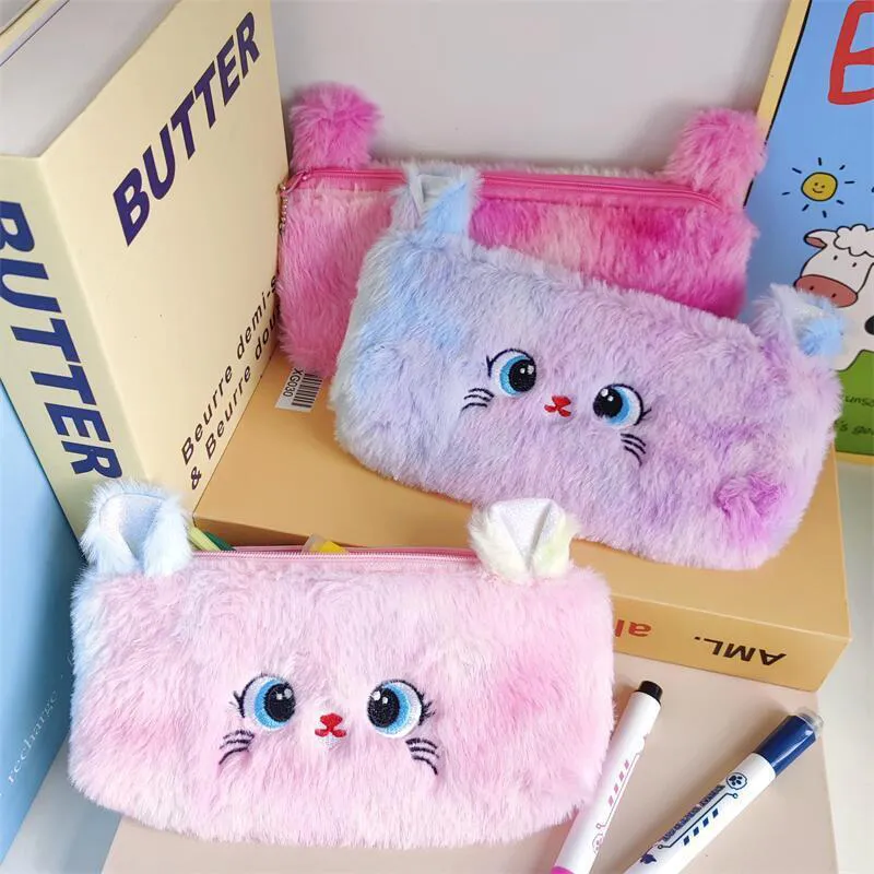 Trousse à crayons grande capacité en peluche avec motif de chat dégradé de couleurs, jolie trousse de rangement pour fournitures de papeterie et pièces de monnaie_voghion.com