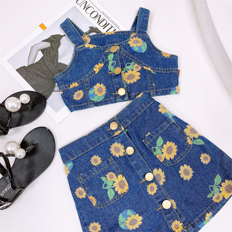 Mamma e bambini nuovi vestiti per bambini moda estiva ragazze vestito denim reggicalze a vita alta più gonna abito a due pezzi_voghion.com
