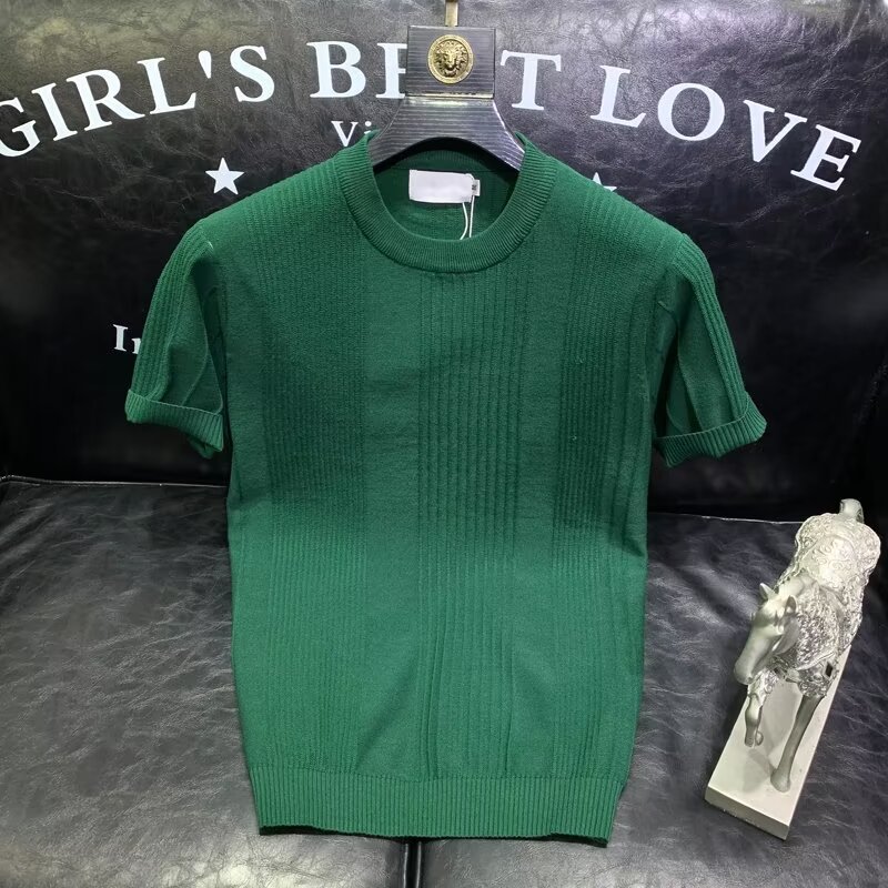 Herrenbekleidung Modemarke Ice Silk Kurzarm-T-Shirt Herren Sommer dünnes, schlankes Rundhals-Strickhemd mit All-Match-Casual-Tops_voghion.com