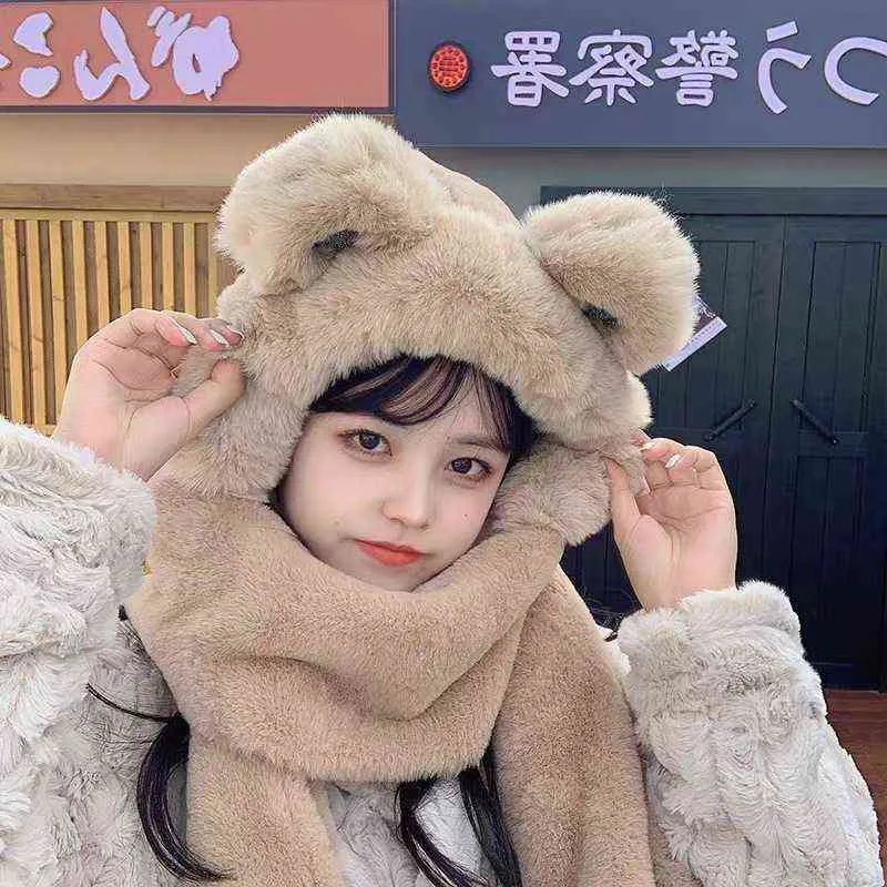Hats Sets Scarves Winter Fur Cap Snow Hat Christmas Gift Cute Girl Versatile Scarf Integrated Warm Gloves Bib Three_voghion.com