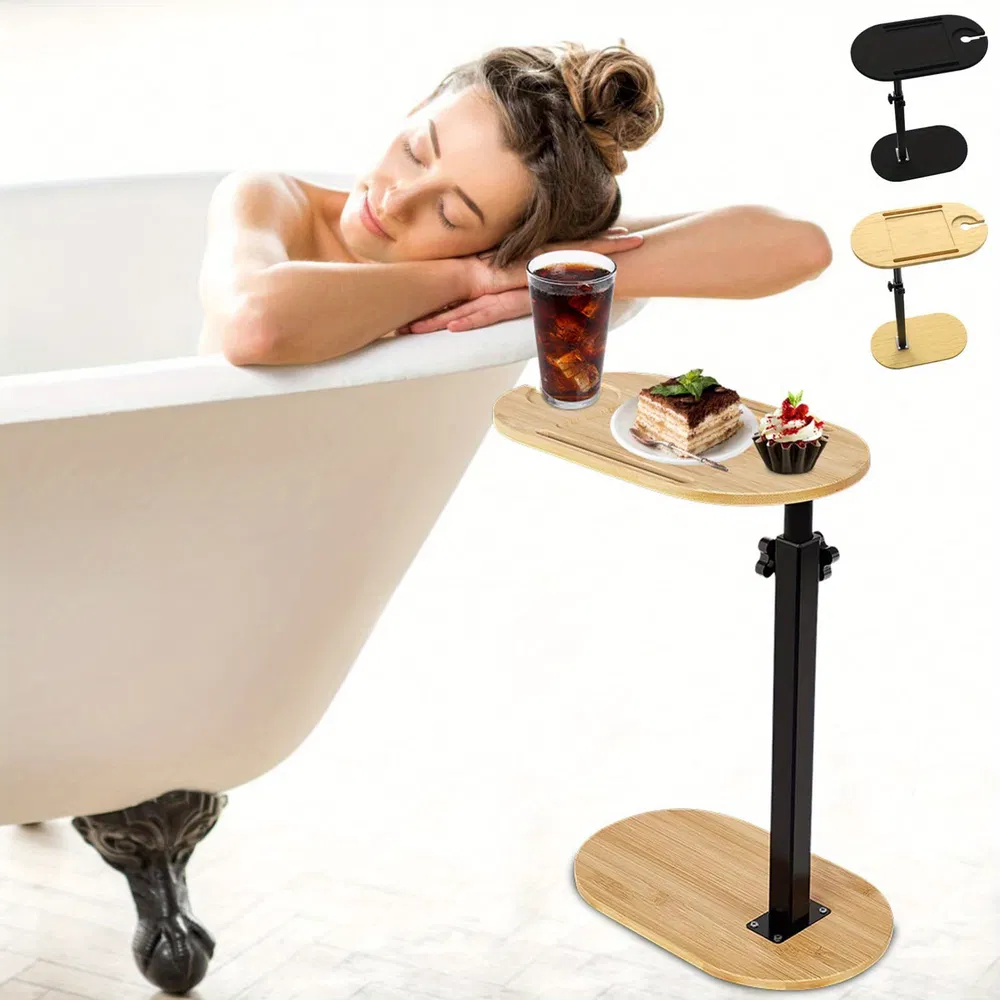 Bamboo Bathtub Tray Table Bath Side Table With Metal Base Adjustable Height, Portable Freestanding Caddy Tray Tub Shelf For Luxury Bath Home Spa Nat_voghion.com
