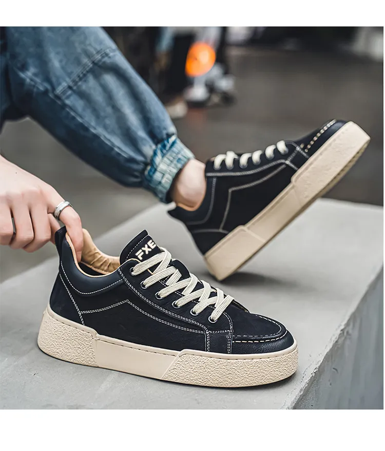 Baskets en cuir pour homme semelle épaisse style coréen_voghion.com