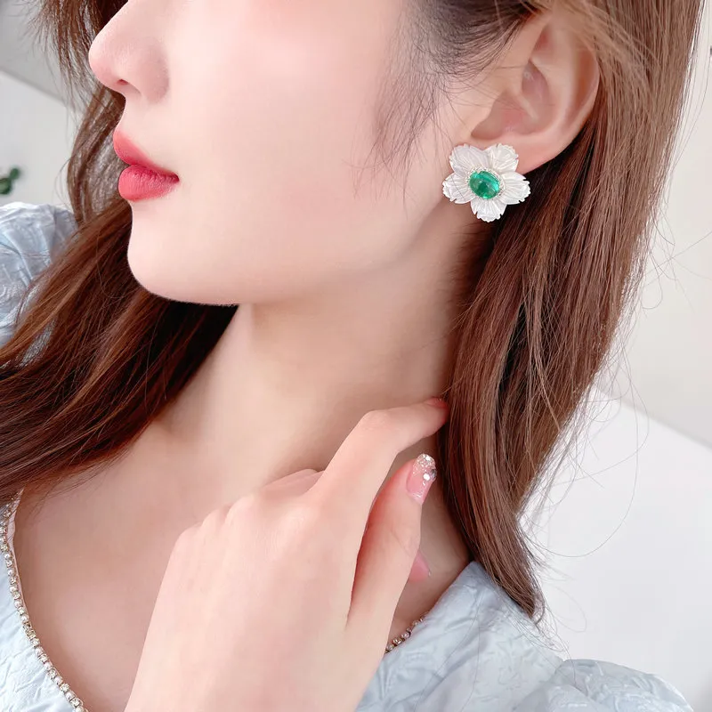 Orecchini retrò coreani da donna in argento con zircone a forma di conchiglia, fiore, minimalista, orecchini da suola, gioielli di design_voghion.com