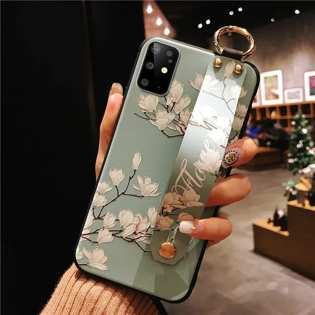 Galaxy FE Ultra Case Fashion Leaf Flower Wrist Strap Phone Holder Cover for Samsung A54 A34 A24 S23 S24 Plus A14 M53_voghion.com