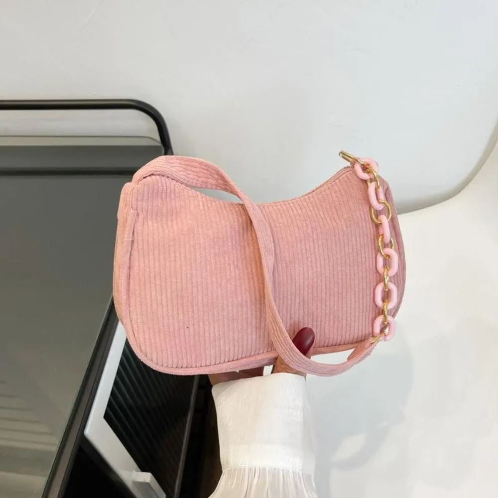 Hobo Chain Corduroy Shoulder Bag Korean Style Solid Color Crossbody Storage Makeup Lipstick Veet Underarm_voghion.com