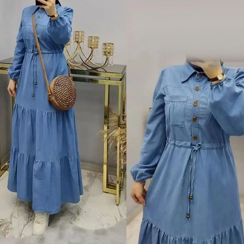 Blo Patchwork Maxi Dubai Tierkesch Kleeder Modesch Elegant Denim Kleed fir Fraen_voghion.com