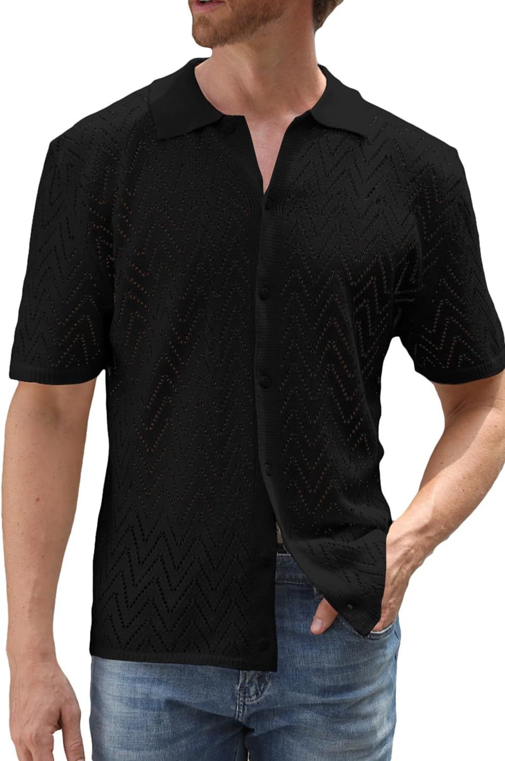 Ropa de hombre Camisa de punto informal para hombre Camisa de manga corta para hombre Cárdigan de color liso Tops calados Ropa de hombre_voghion.com