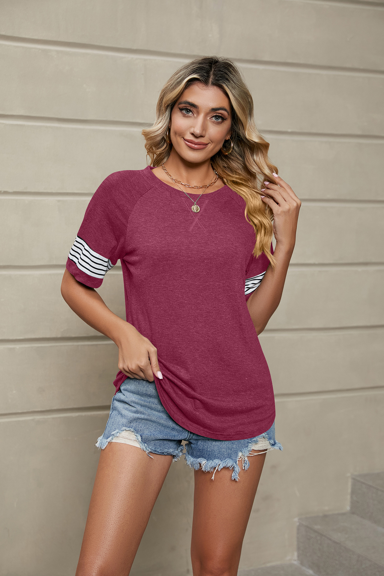 Women's Clothing Stripe Splice Loose Round Neck Short Sleeve T-shirt Tops_voghion.com