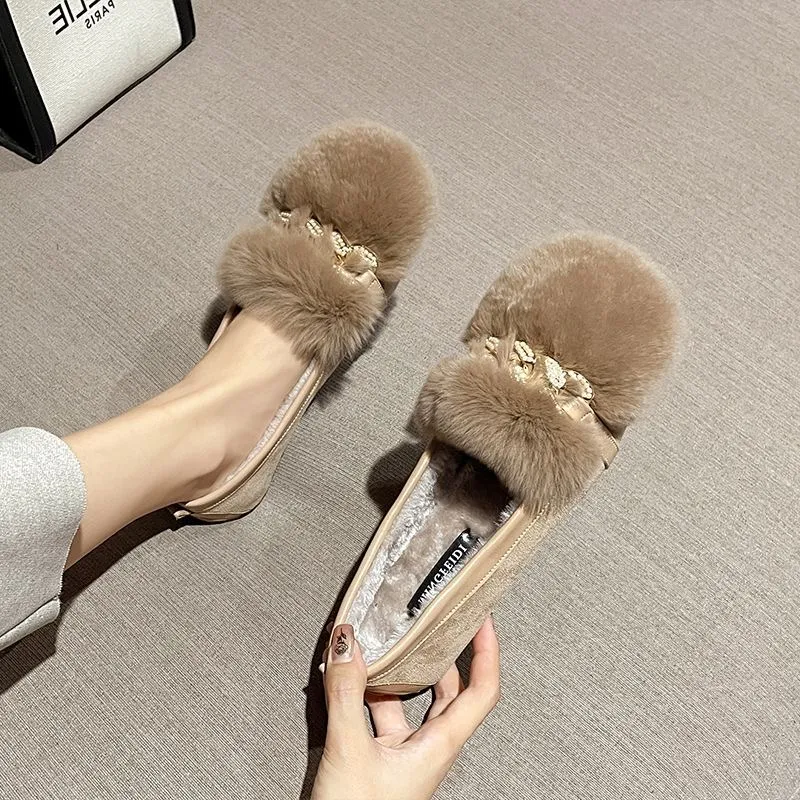 Glitter Rhie Chain Flat 6271d Loafers Winter Plush Cotton Shoes Women Large Size Warm Fur Moccasins Shallow Slip-on_voghion.com
