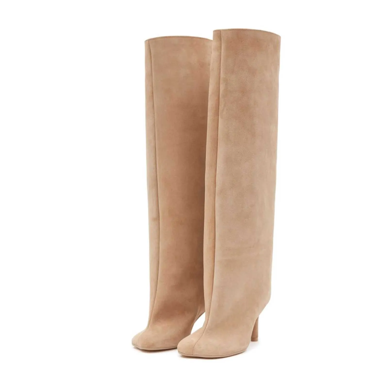 Womens Nude Suede Knee High Square Toe Wide Calnd Foot Pull On Stiletto Heels Fashion Dress Tall Riding Boots Ladies_voghion.com