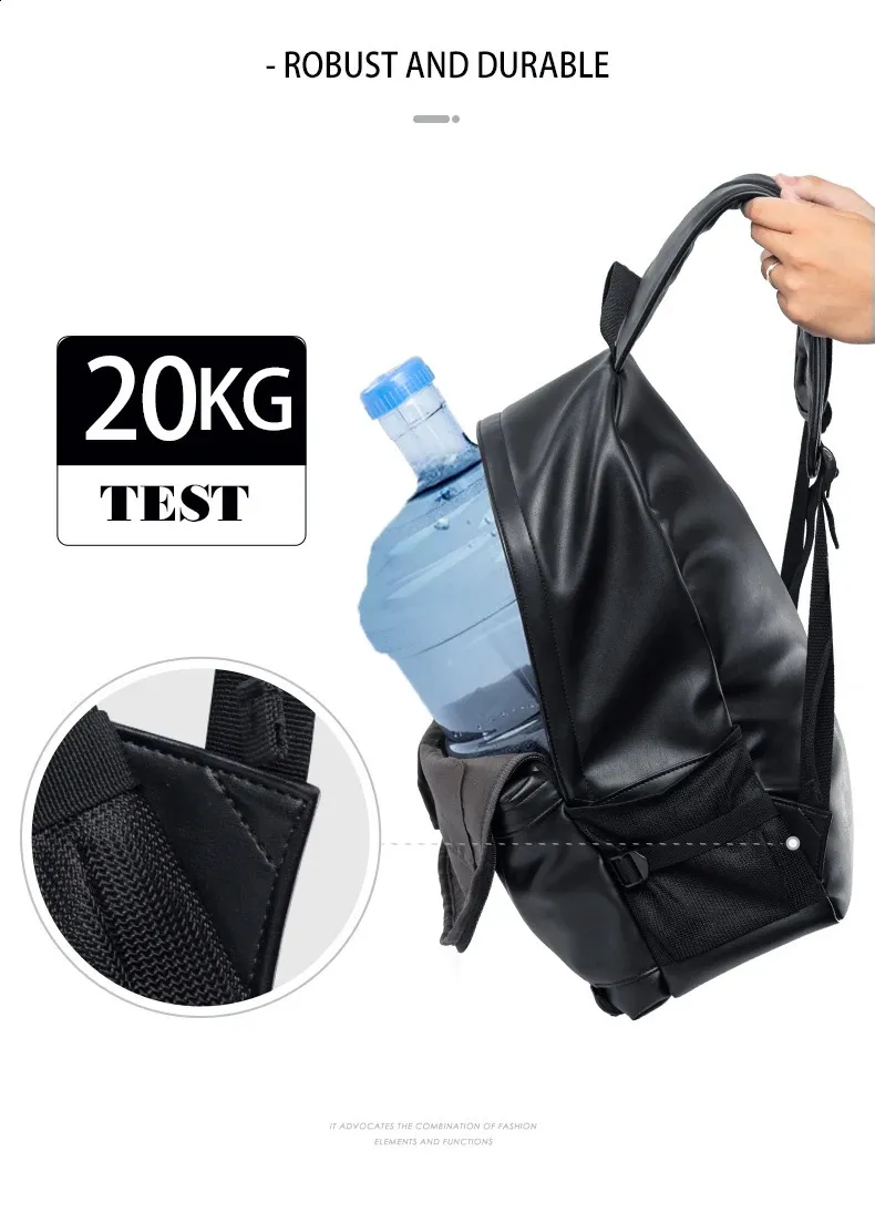 Schwarzer Leder für Herren Business Travel Wasserdichter Daypack PU 16 Zoll Laptop-Rucksack 240829_voghion.com