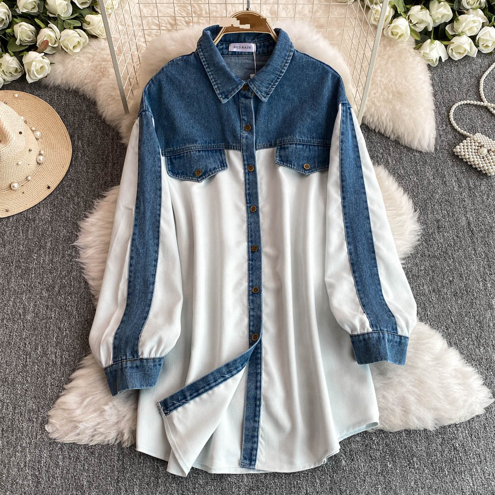 Chemise à carreaux patchwork en denim pour femmes, vêtements pour femmes, hauts de conception décontractée amples et élégants, nouvelle tendance de style