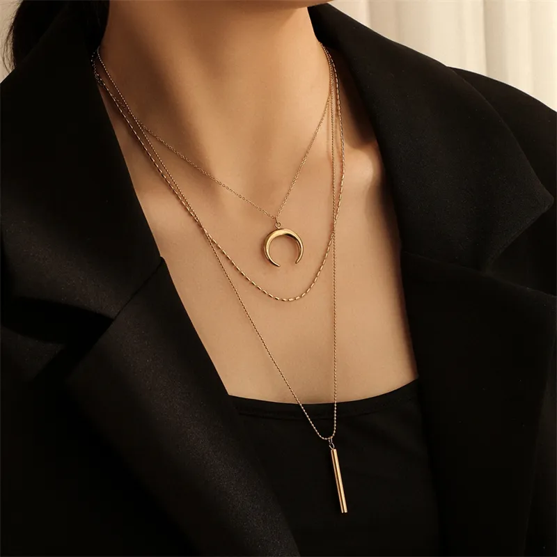 Collane con ciondolo WeSparking EMO in acciaio inossidabile a tre strati con parola lunare, collana lunga con clavicola per donna_voghion.com