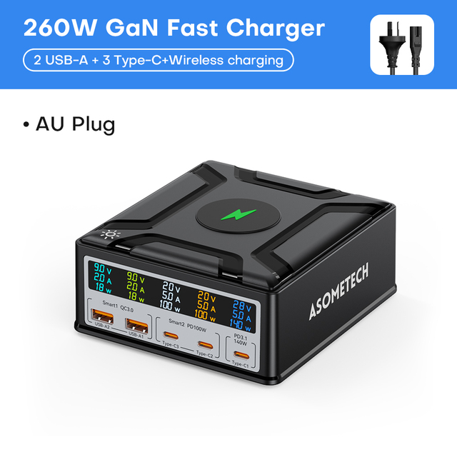 260W USB C GaN Charger QC3.0 PD3.1 140W USB Type C Fast Charger For Macbook Pro Tablet iPhone 14 Samsung Xiaomi Wireless charge_voghion.com