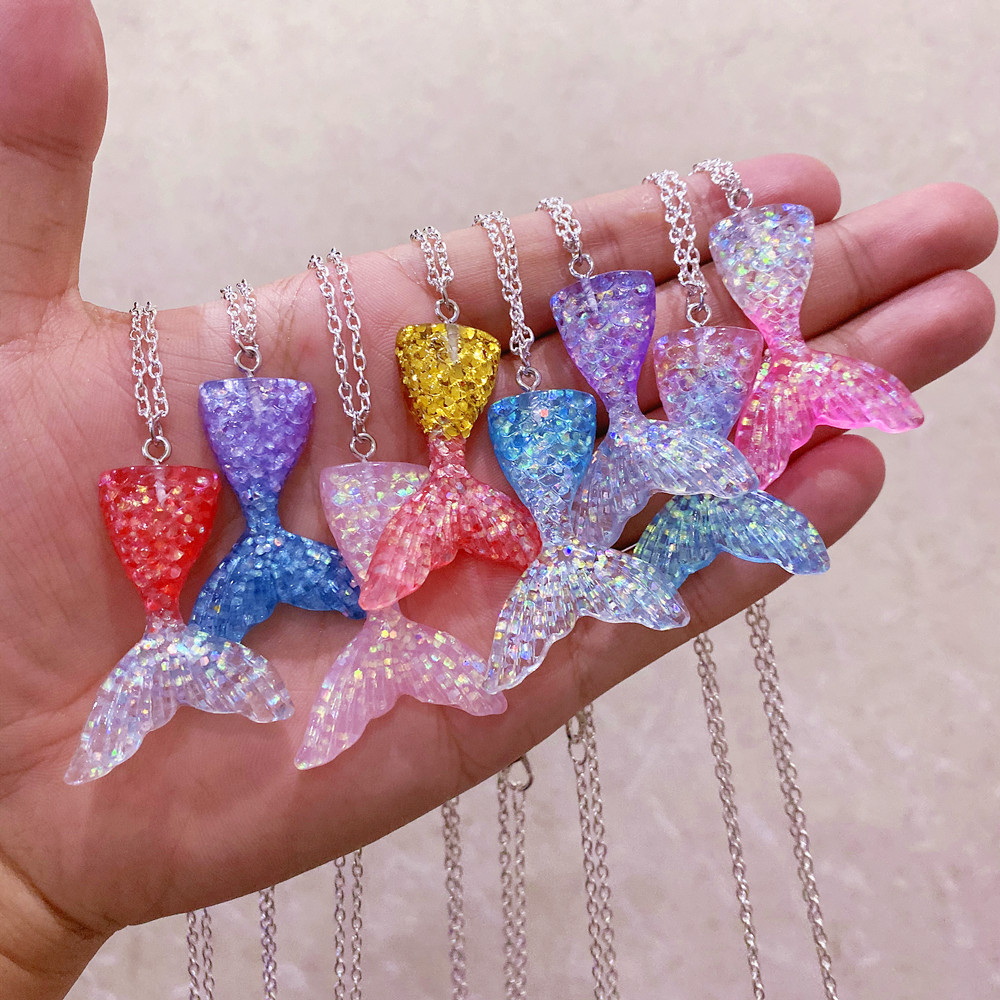 Unisex Colorful shimmer fish scale gradient mermaid tail necklace_voghion.com