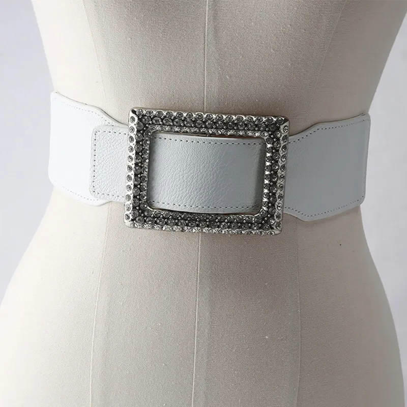 Cinture Cintura larga in pelle elastica alla moda per donna Cintura con fibbia quadrata con strass Cintura in vita con corsetto Cintura femminile_voghion.com