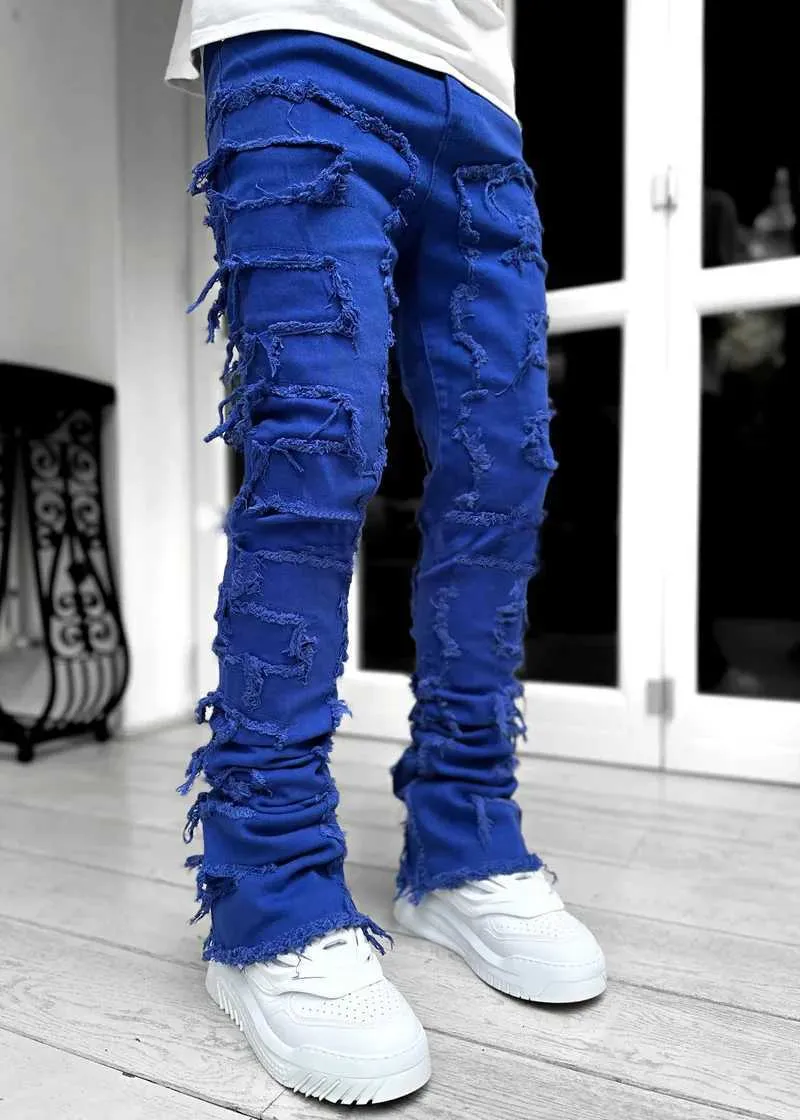 Jeans aderenti aderenti da uomo con frange hip-hop R Edge elastici e toppe punk rock lunghi e attillati, pantaloni in denim blu rosa_voghion.com
