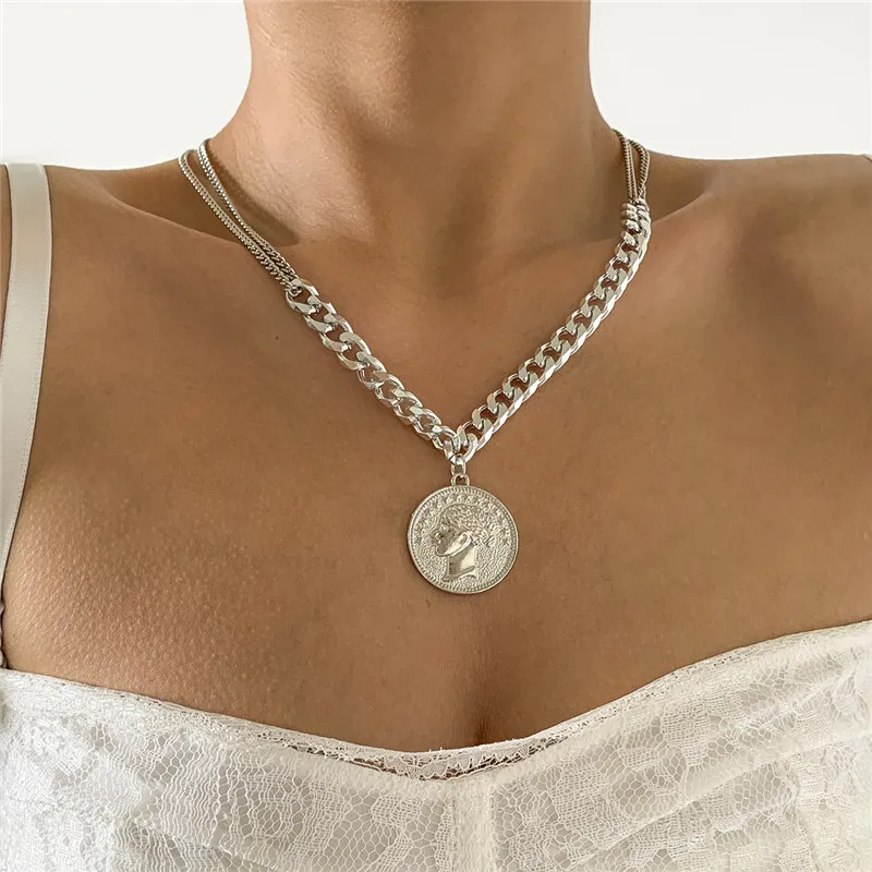 Anheng Halskjeder Punk Gull Sier Farge Utskåret Portrett Halskjede For Kvinner Jente Metall Chunky Chain Choker Fest Smykker_voghion.com