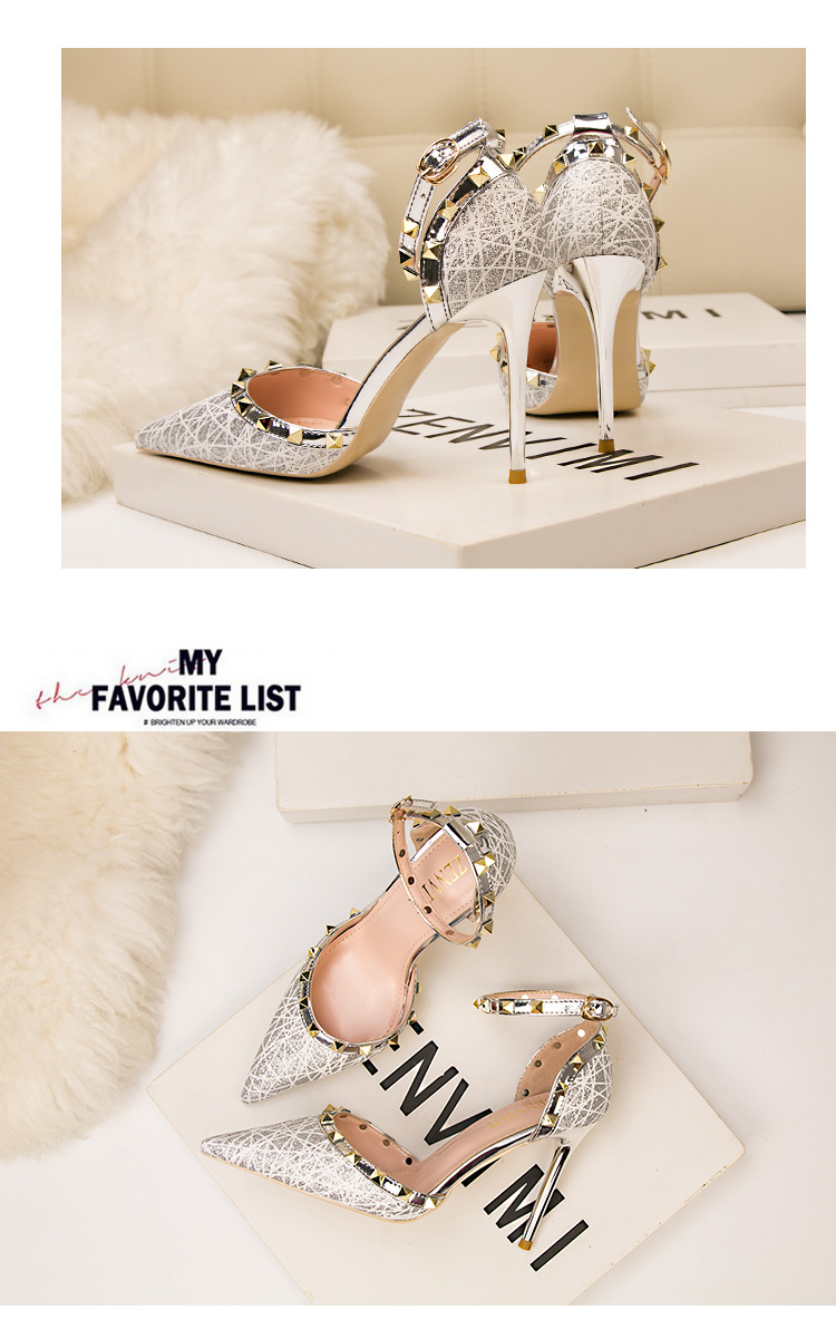 9288-20 Sexy Abnehmen Stiletto Nachtclub Damen Schuhe High Heels Flach Spitzschuh Hohl Niet Strap Sandalen_voghion.com