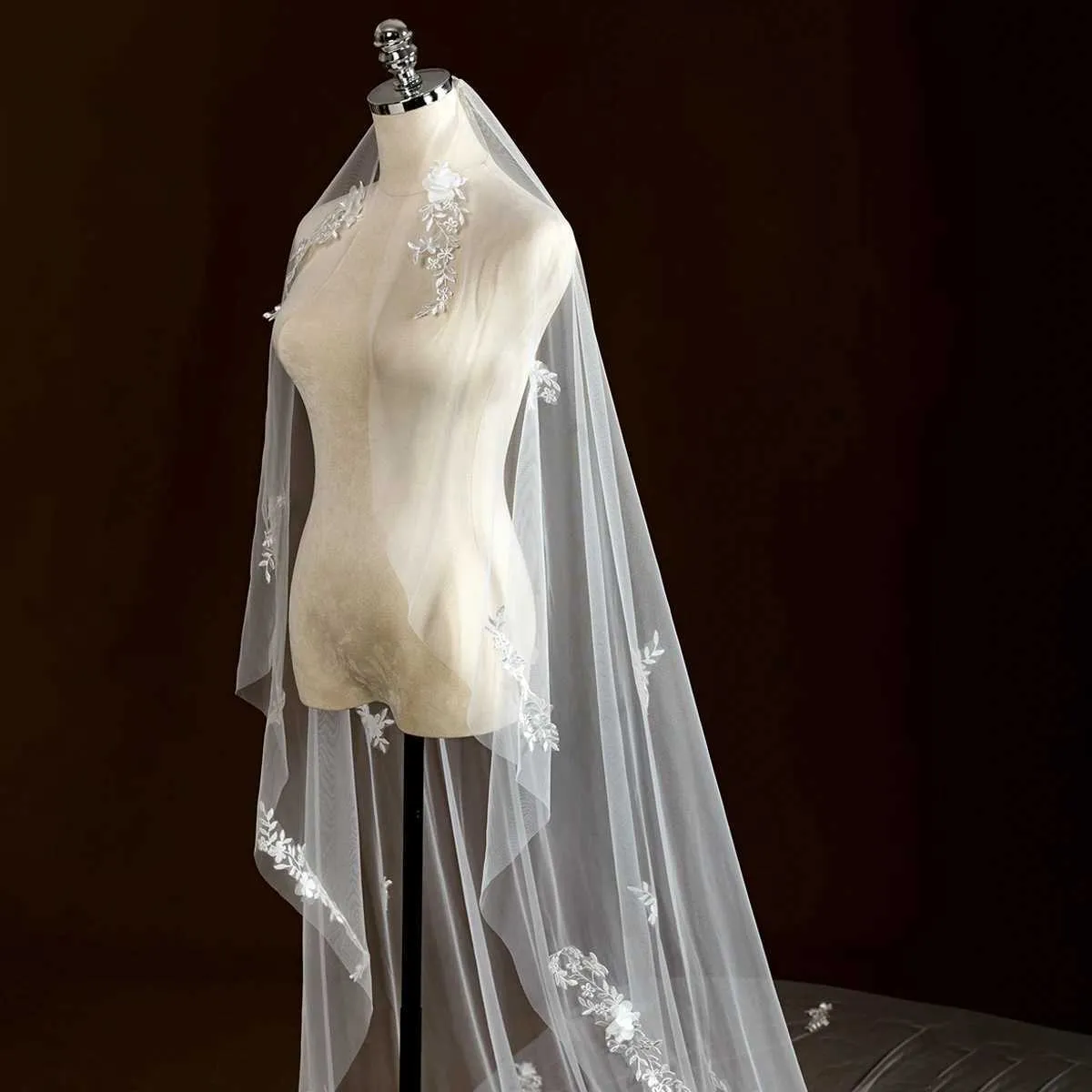 Gioielli per capelli, elegante velo da sposa con perline in pizzo, fiore 3D, lungo, cattedrale, morbido, illusione, con pettine, accessori per la sposa._voghion.com