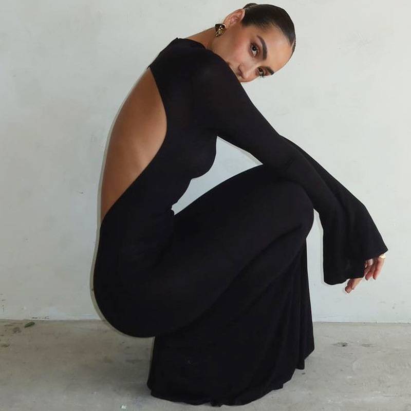 Robe longue classique unie dos nu pour femme, élégante, col rond, manches longues, robe de soirée, slim, moulante, haute rue