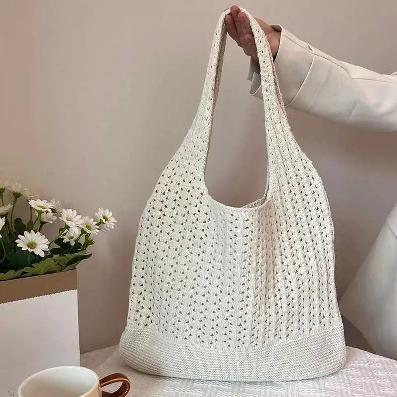 Borsa a mano lavorata a maglia da designer, grande portafoglio, estiva, da spiaggia, casual, da donna, con tracolla cava Y241011_voghion.com