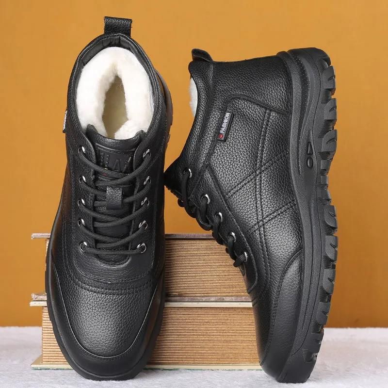 Botas de nieve cálidas antideslizantes de cuero de alta calidad para hombre, zapatos casuales, impermeables, de invierno, ligeros, de felpa, para mujer_voghion.com