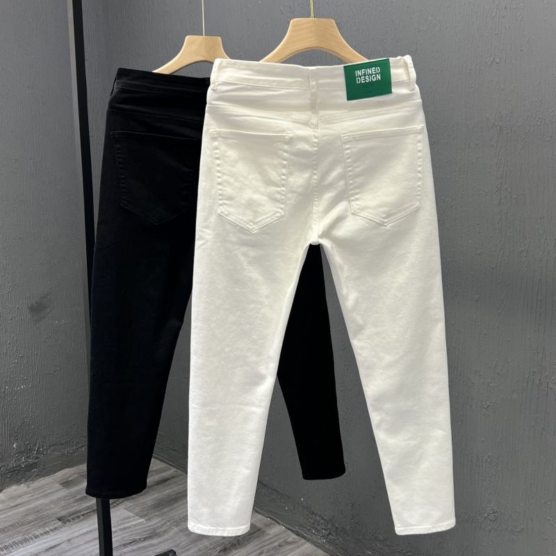Men's White Pants Men's Trendy Youth Simple Casual Jeans Style Slim-Fitting Straight Elastic Trousers