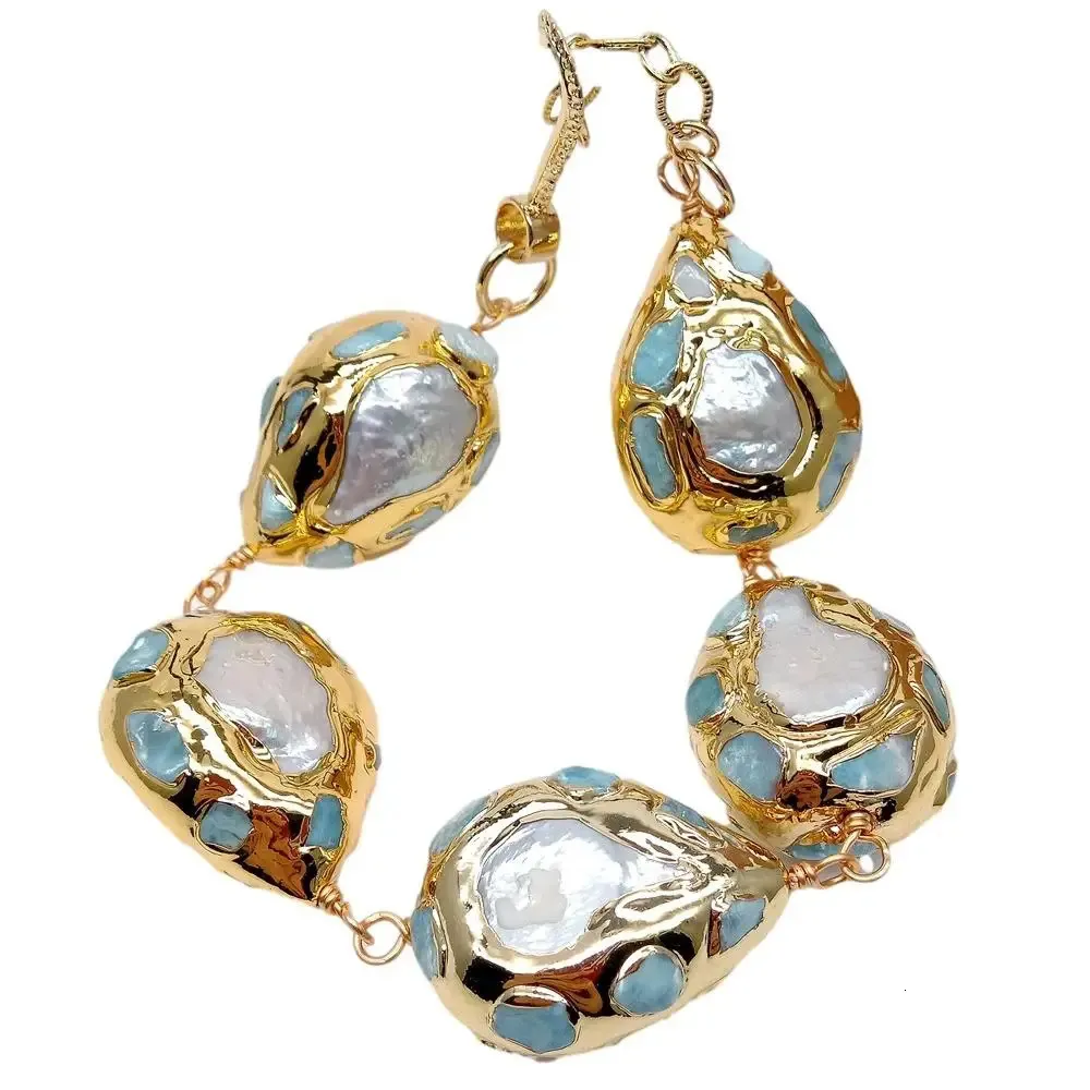 Pulsera de perlas y larimar chapada en oro para mujer_voghion.com