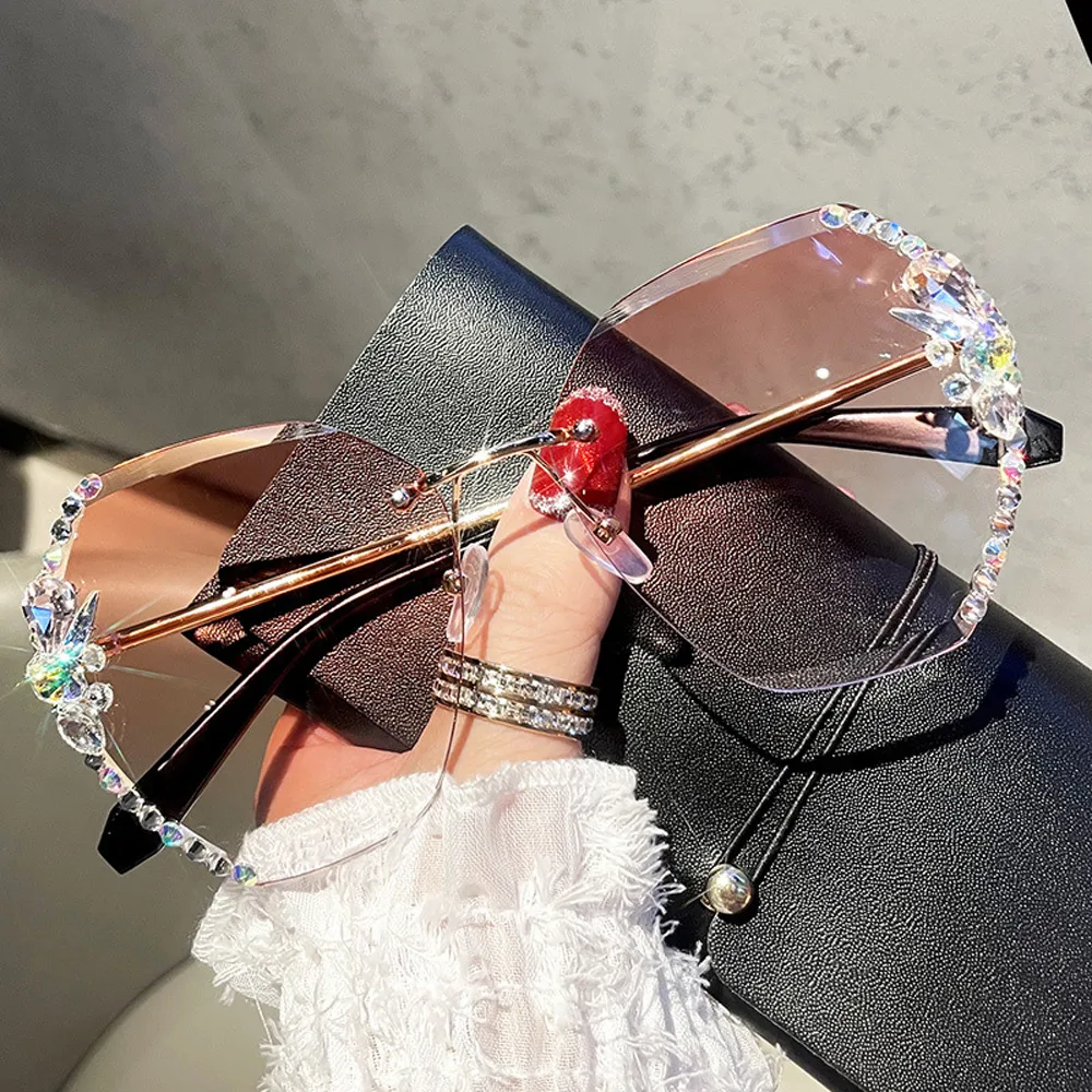 Designer Rhinestone Sunglasses Vintage Rimless Gradient Lenses_voghion.com