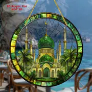1pc, 2D Flat Printed Acrylic Mosque And Palm Trees Colorful Window Garden Garden Suncatchers, Round Sign_voghion.com