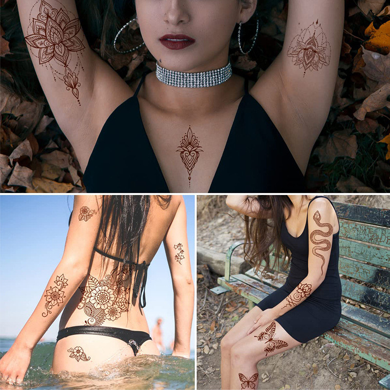 1PC Indian Lace Tattoo Stickers Red Brown Waterproof Semi-permanent Henna Tattoo Stickers Replaceable Tattoo Stickers_voghion.com