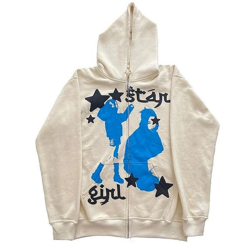 Felpa con cappuccio e cerniera nera con stampa Star Girl, abbigliamento da uomo, street hip hop_voghion.com