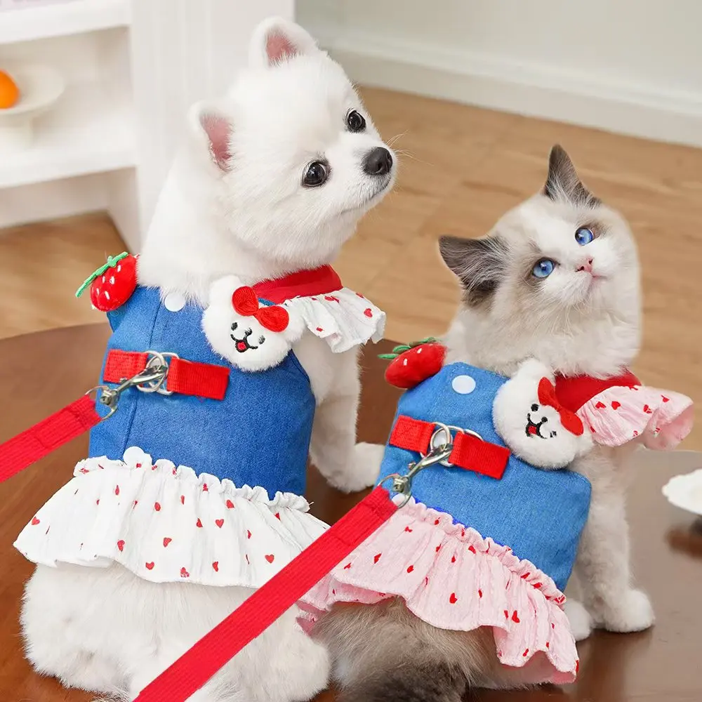 Chest Back Pet Cat Clothes Princess Thin Denim Cartoon Leash Dress Small Dog Spring Summer New Arrival_voghion.com