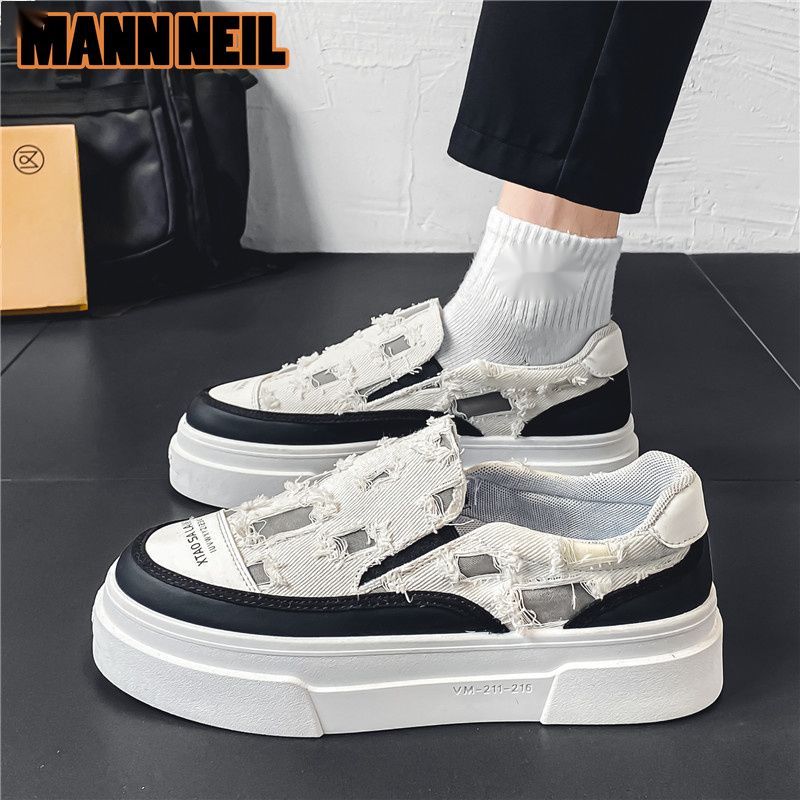 MannNeil 2024 New Summer Breathable Canvas Trdy M's Versatile Instagram High Street Brok Hole Beggar Board Shoes_voghion.com