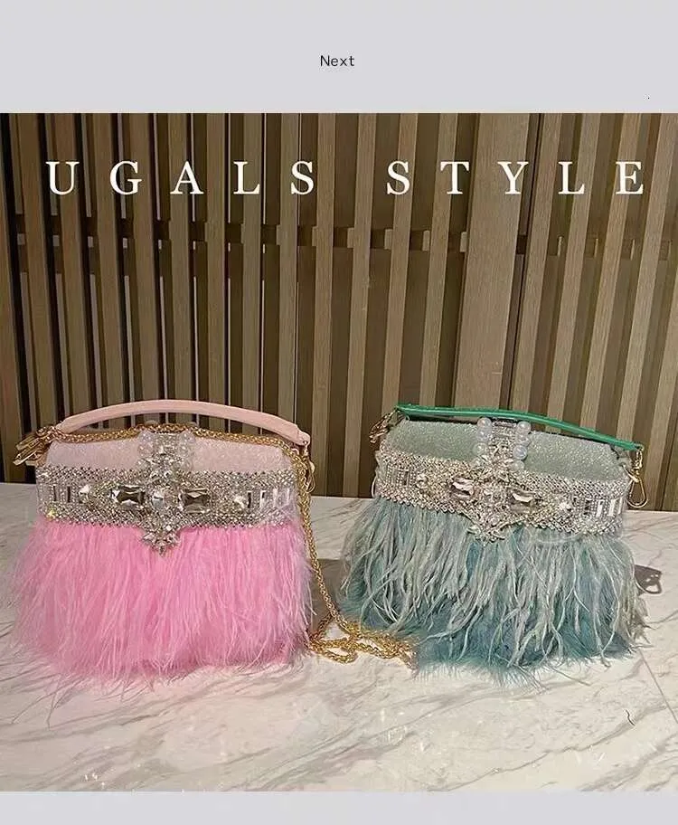 Borsa da sera da donna in pelo di struzzo, borsa a tracolla con pochette in cristallo Rhie Dia, borsa da festa per matrimonio_voghion.com