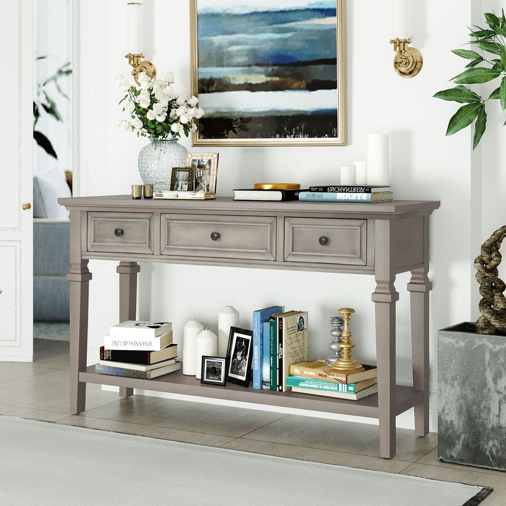 Classic Retro Style Console Table With Three Top Drawers And Open Style Bottom Shelf,Easy Assembly_voghion.com