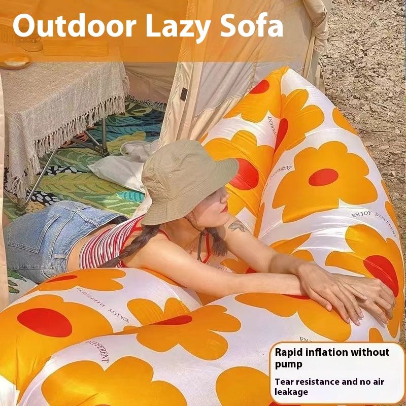 Outdoor lazy iatable yellow and white sofa folding portable picnic camping solid color air mattress outdoor furniture_voghion.com