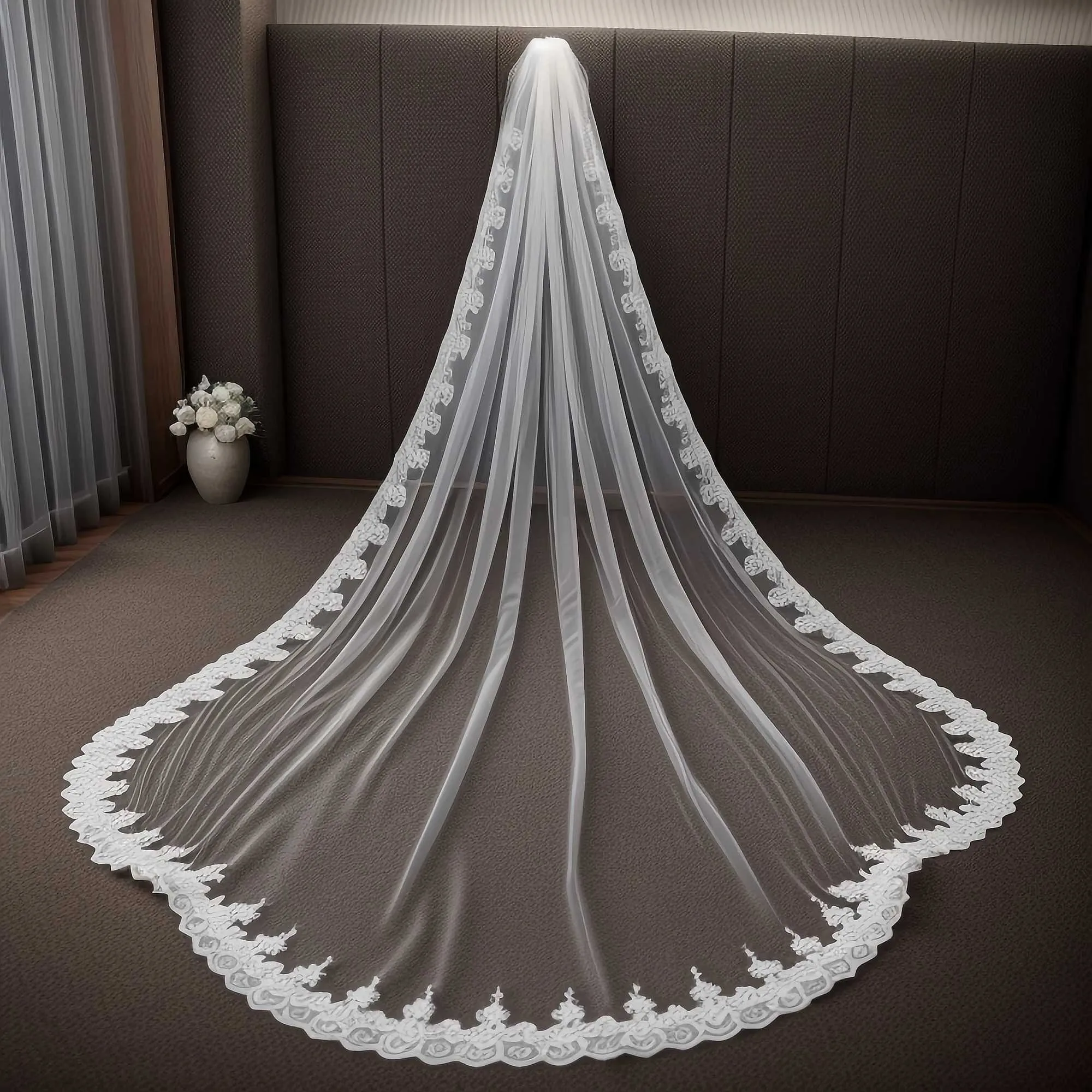 Gioielli per capelli V152 Velo largo Velo da sposa lungo cattedrale 1 strato 3M Applicazioni in pizzo Bordo smerlato Mantiglia Tulle Matrimonio_voghion.com