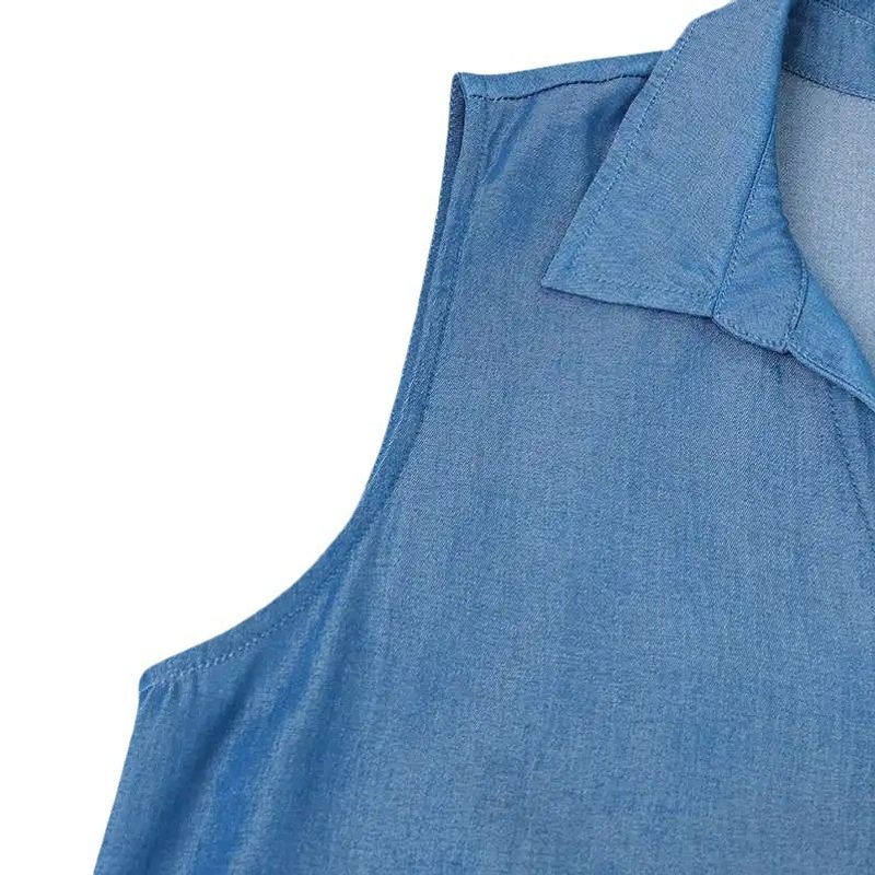 women's clothing temperament casual lapel sleeveless waist tie denim dress_voghion.com