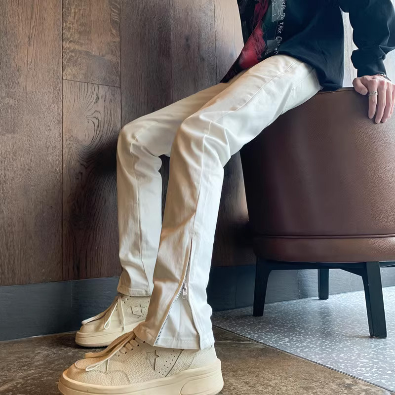 Men's Pants Cool Zipper Slit Crotch Flared Straight Pants