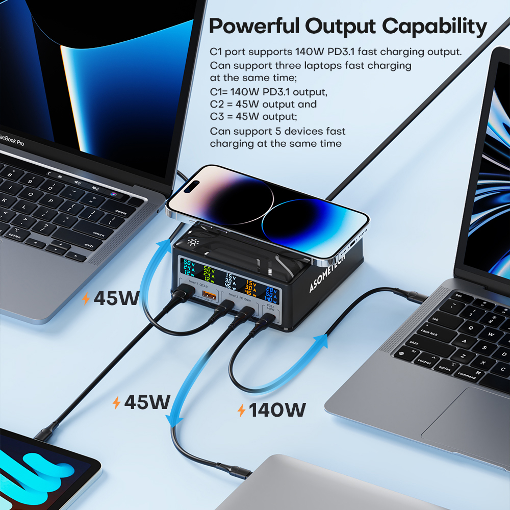 260W USB C GaN Charger QC3.0 PD3.1 140W USB Type C Fast Charger For Macbook Pro Tablet iPhone 14 Samsung Xiaomi Wireless charge_voghion.com